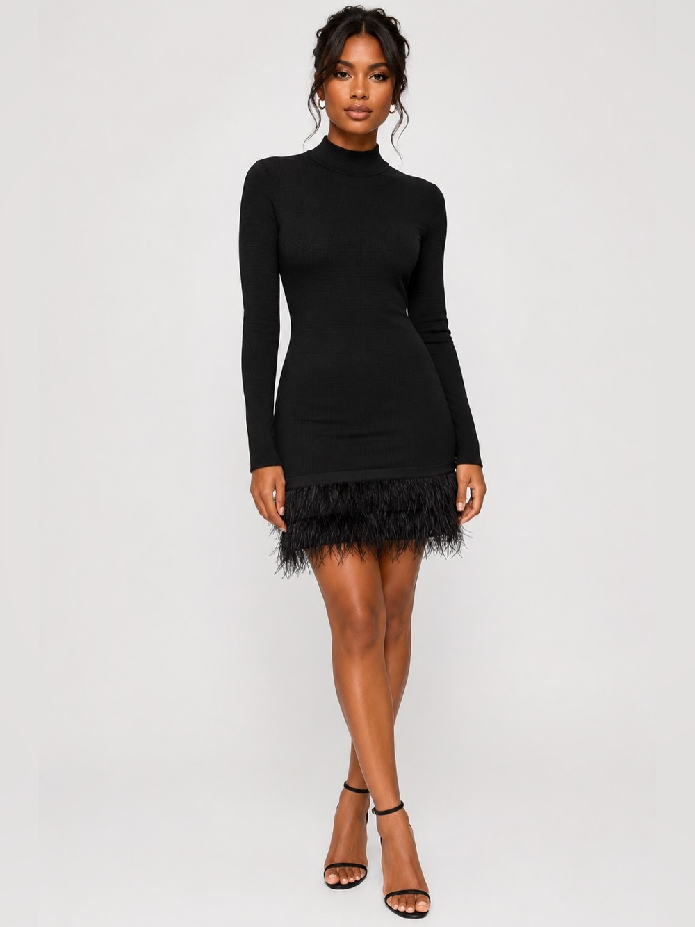 Micheal Kors Black Long-Sleeve  ostrich Feather Hem Mini Dress XS